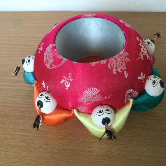 VTG Chinese Round Silk Pin Cushion jar red Painted 7 Children box31 - Picture 3 of 6